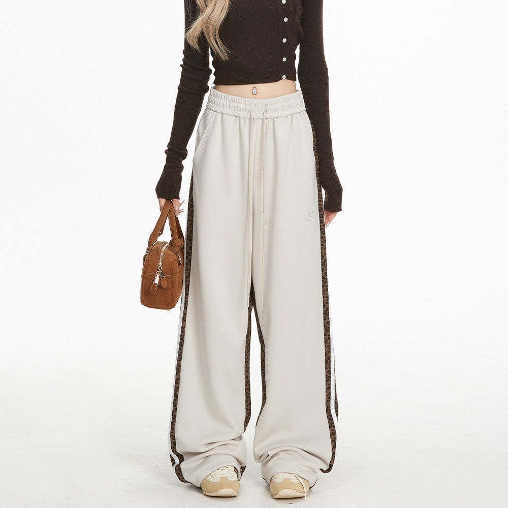 豹紋拼接衛褲女美式復古嘻哈寬鬆潮牌條紋運動直筒休閒褲