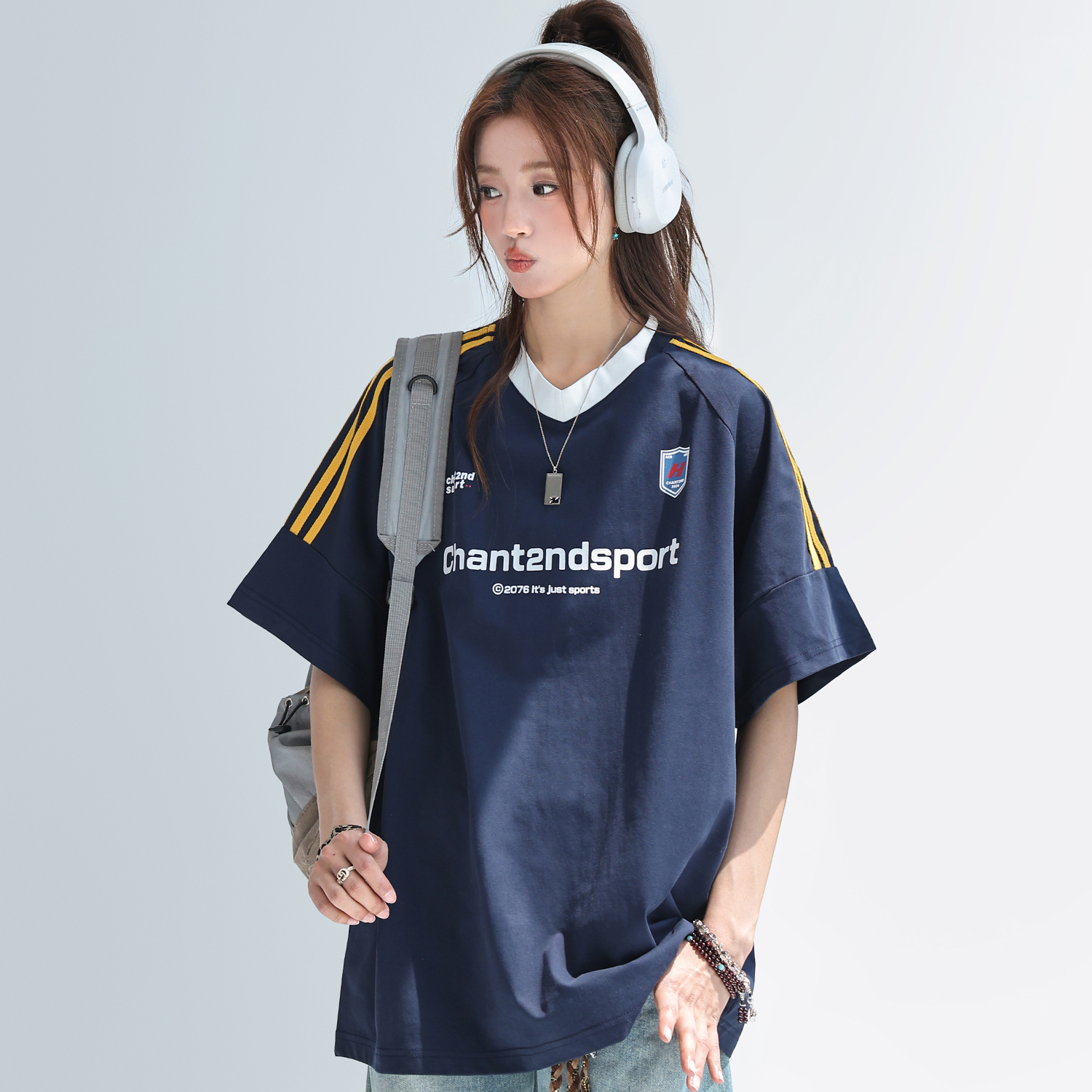 索羅娜美式拼接條紋短袖女t恤夏季字母運動球衣T賉