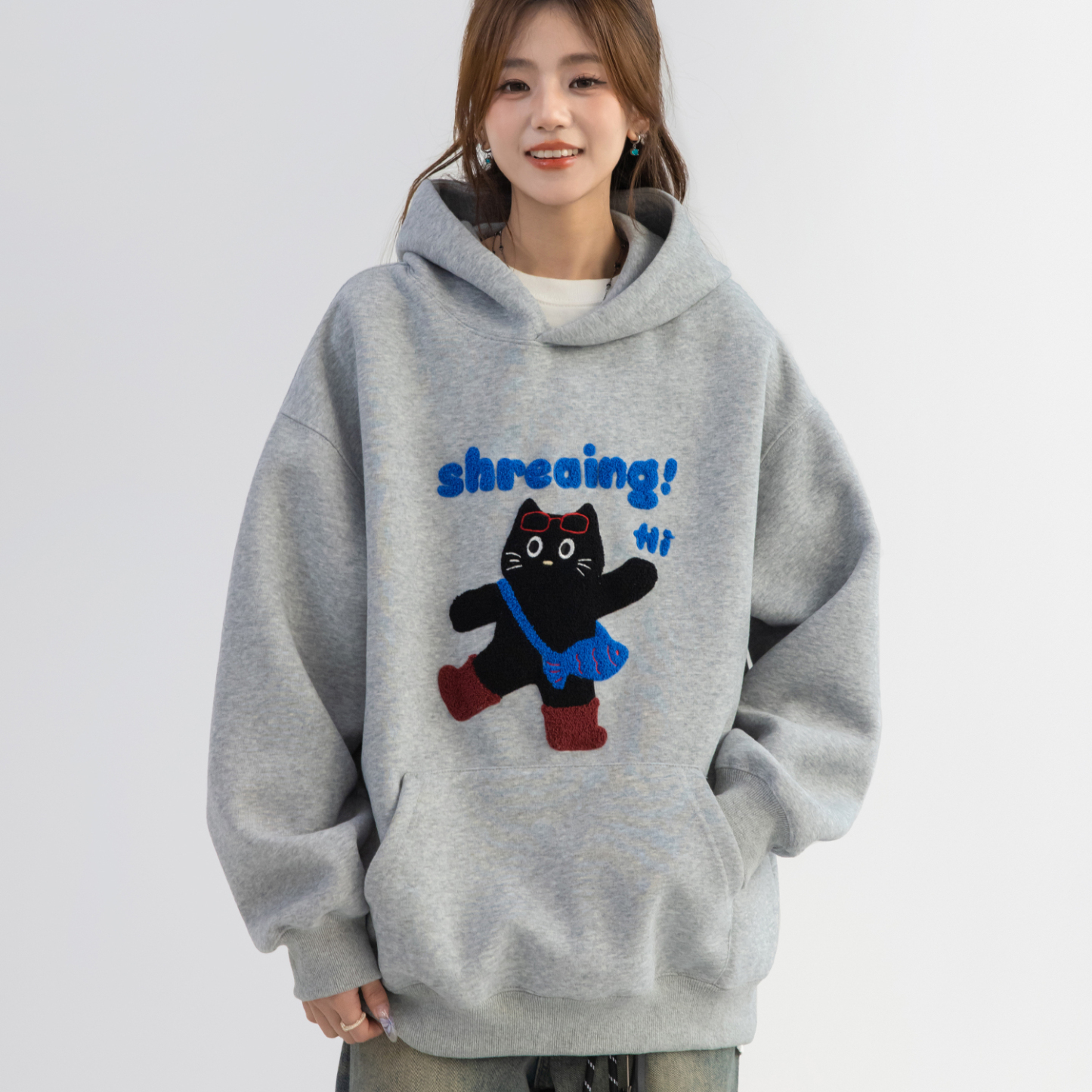 韓系可愛猫咪毛巾繡連帽衛衣女款小個子寬鬆長袖上衣