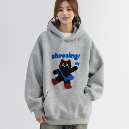 韓系可愛猫咪毛巾繡連帽衛衣女款小個子寬鬆長袖上衣