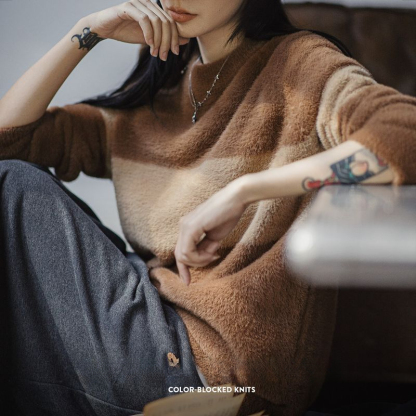 馬登女裝 美式拼色仿水貂絨毛衣寬鬆慵懶毛茸茸針織衫套頭圓領上衣冬女