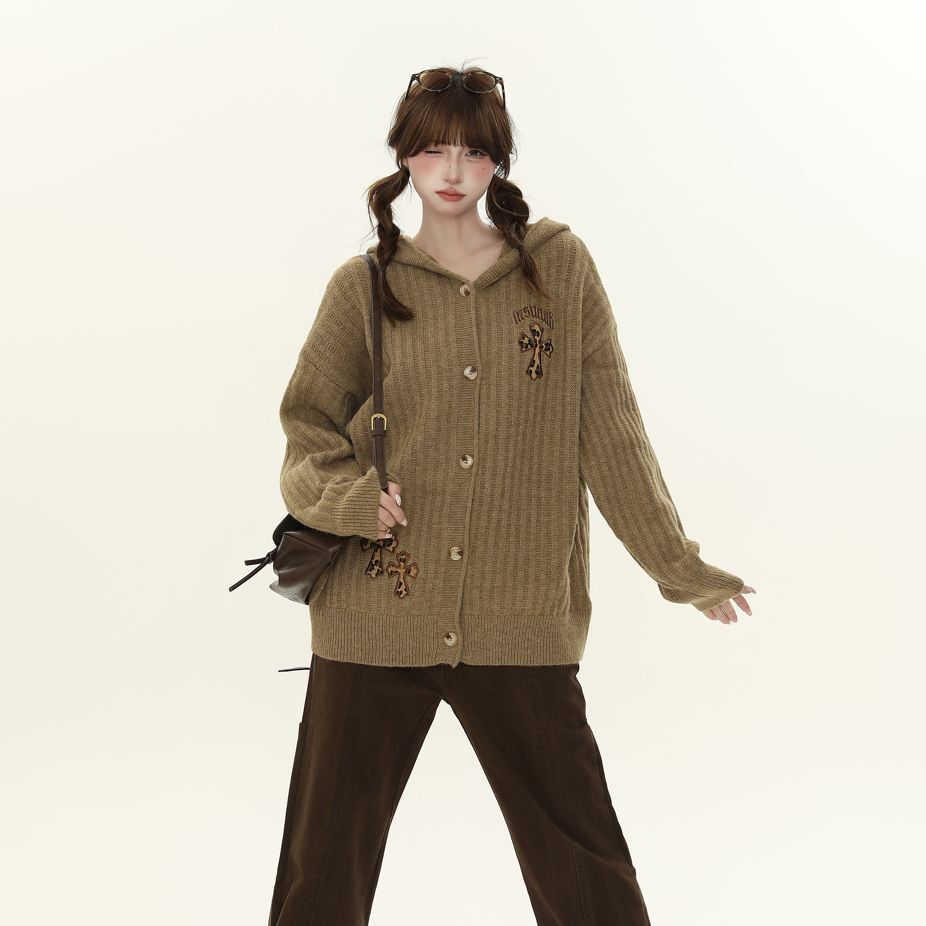 美式復古字母刺繡連帽毛衣外套女秋季寬鬆顯瘦針織開衫