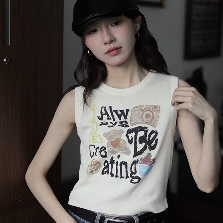 設計感小眾簡約百搭外穿無袖吊帶背心女別致塗鴉印花休閒短款