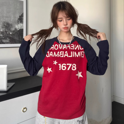 美式復古字母星星拼色上衣T恤女秋季打底寬鬆百搭休閒長袖