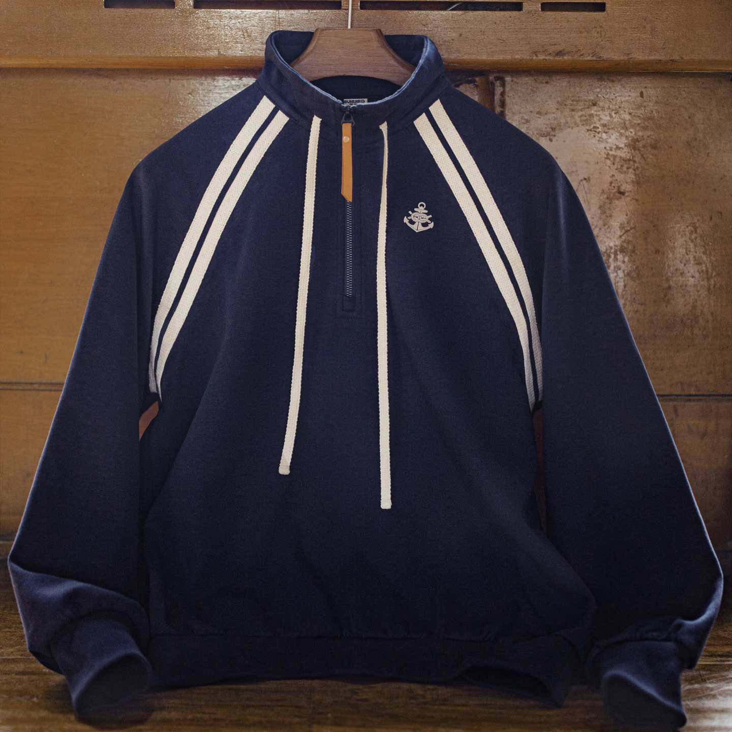 美式復古學院風藏青色半拉鍊立翻高領套頭長袖無帽衛衣女士秋