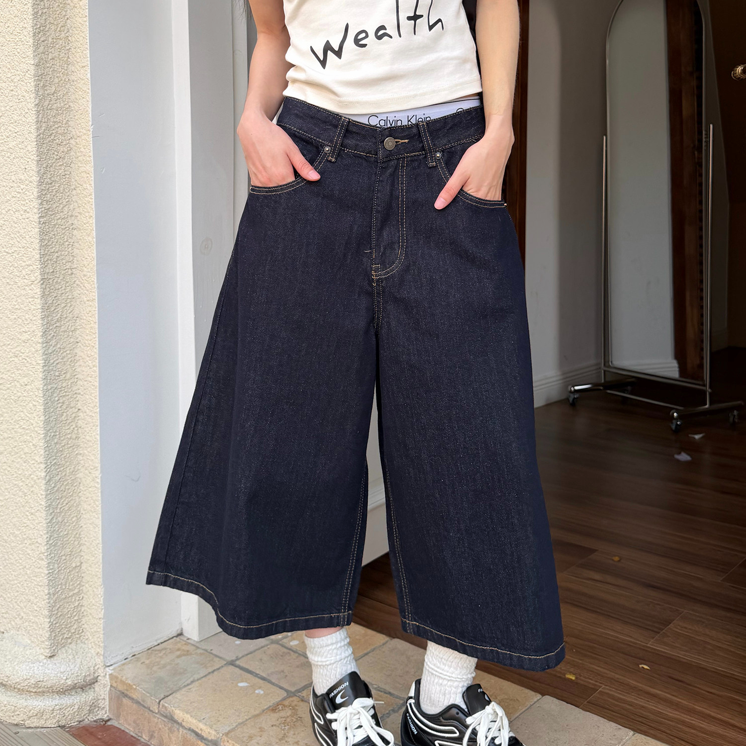 原牛深藍色牛仔褲女七分褲2026夏季新款美式潮流直筒褲