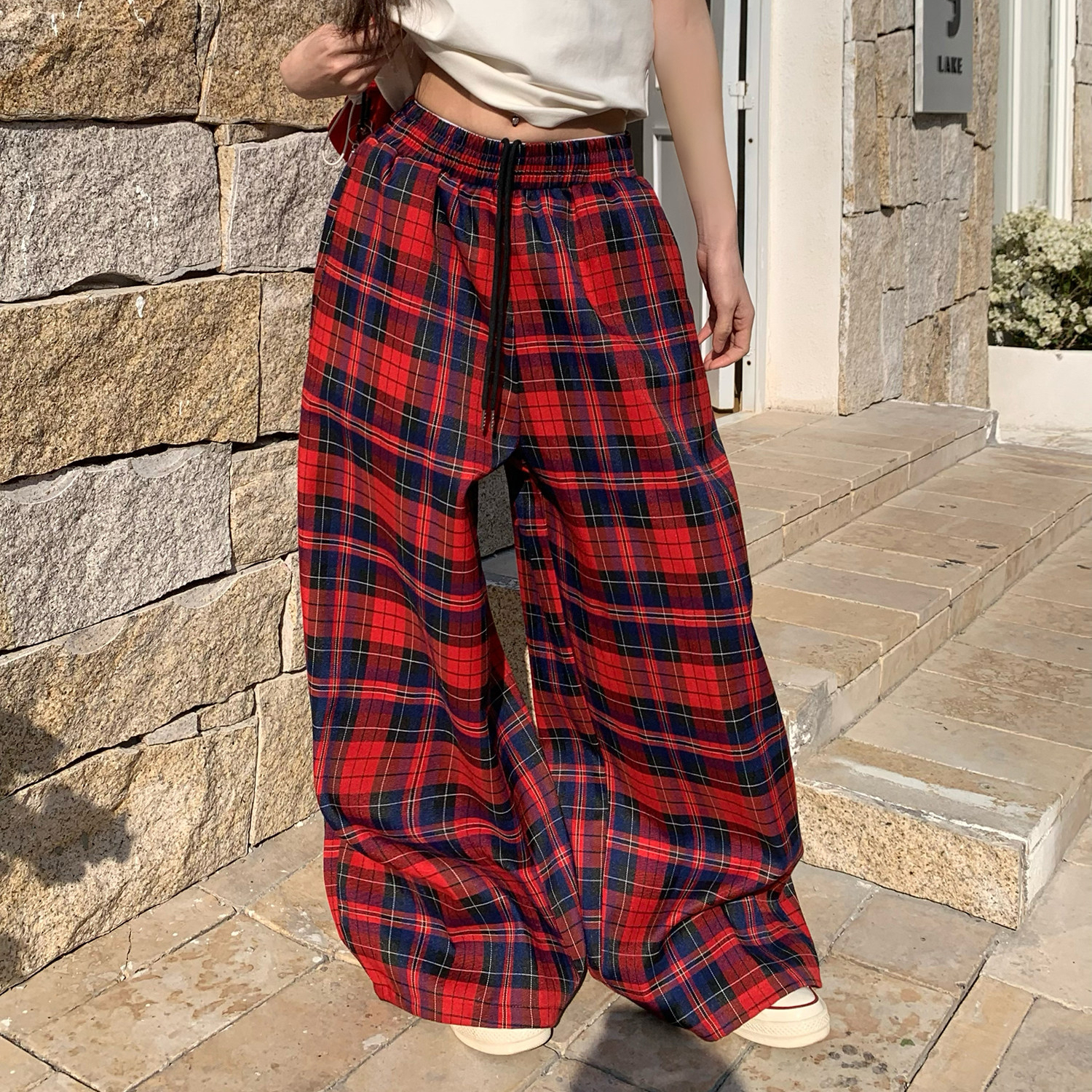 美式復古紅色格紋休閒褲子女寬鬆直筒闊腿格子褲潮流百搭