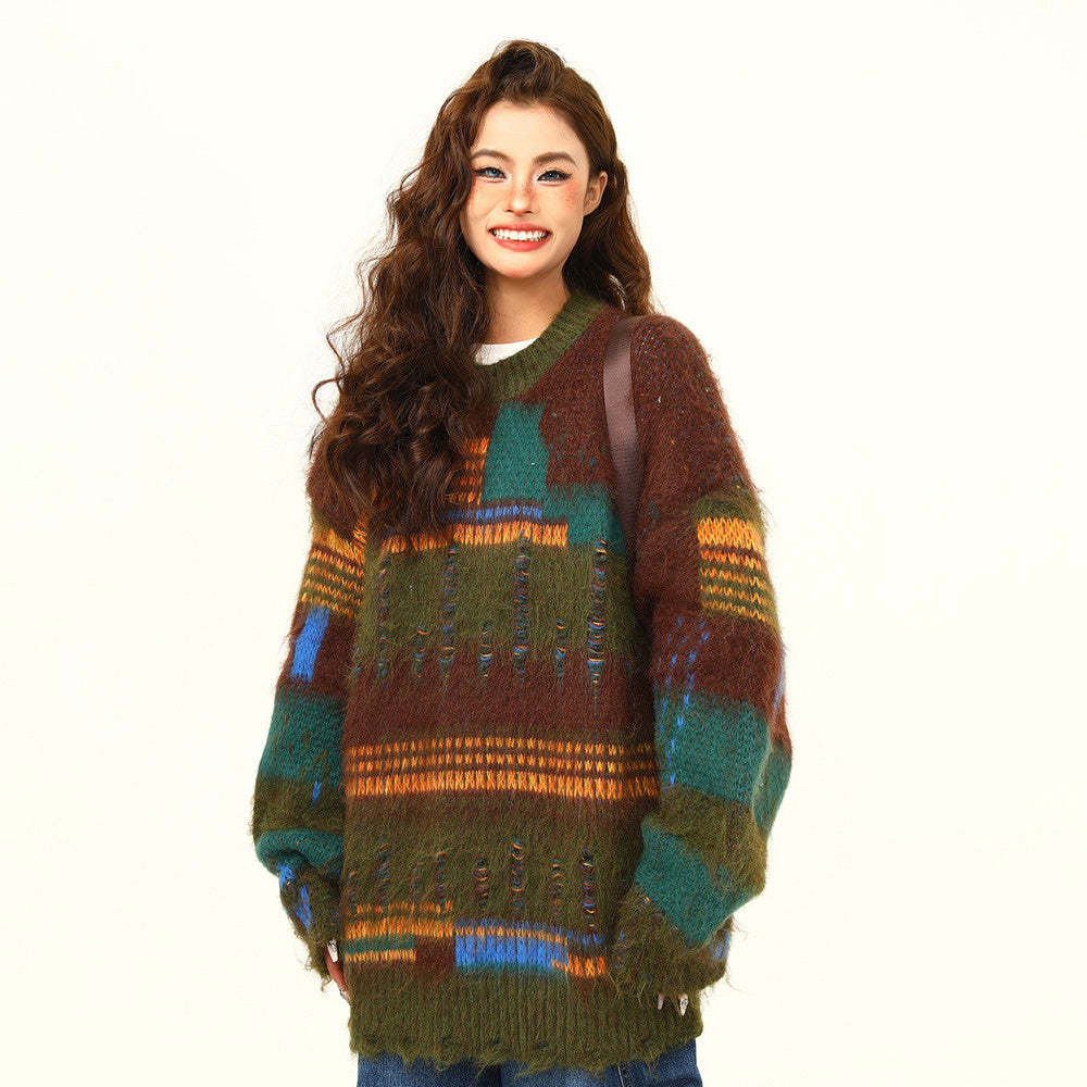 不規則拼接設計感馬海毛毛衣女秋季復古寬鬆慵懶風針織衫