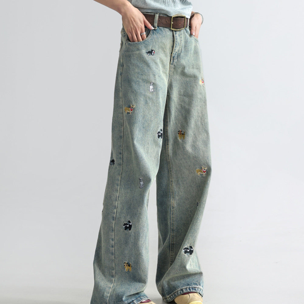 童趣小狗刺繡牛仔褲女闊腿寬鬆拖地褲高腰顯瘦直筒褲