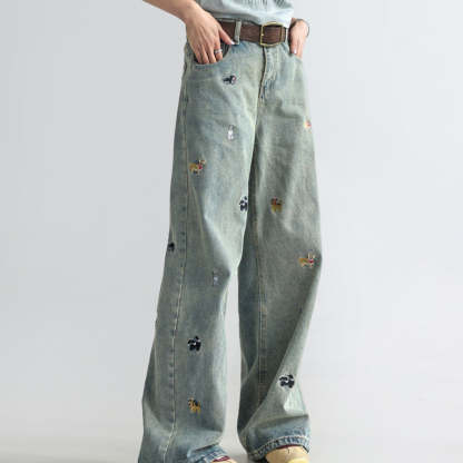 童趣小狗刺繡牛仔褲女闊腿寬鬆拖地褲高腰顯瘦直筒褲
