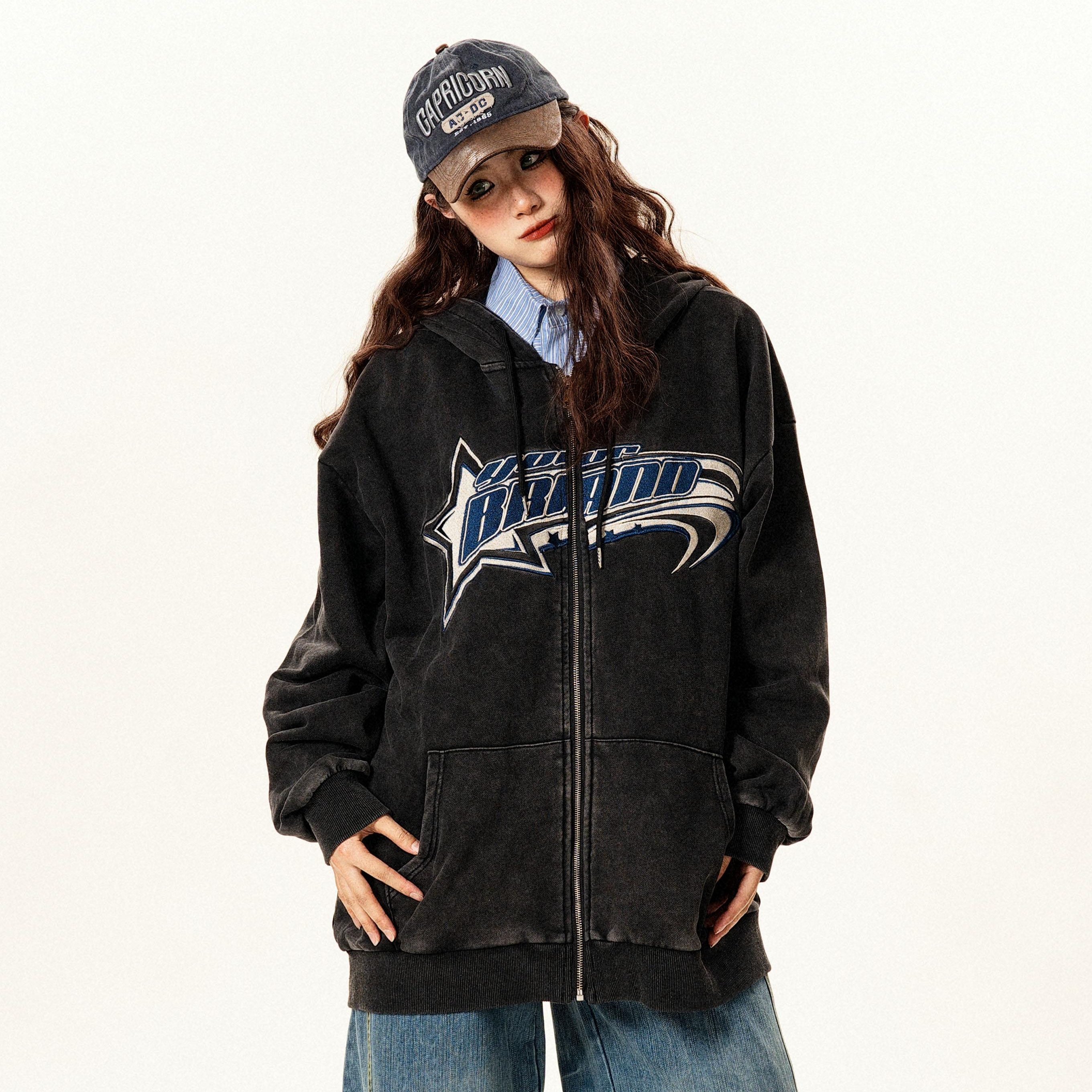 美式復古做舊牛角連帽衛衣開衫女潮牌寬鬆設計感帽衫外套