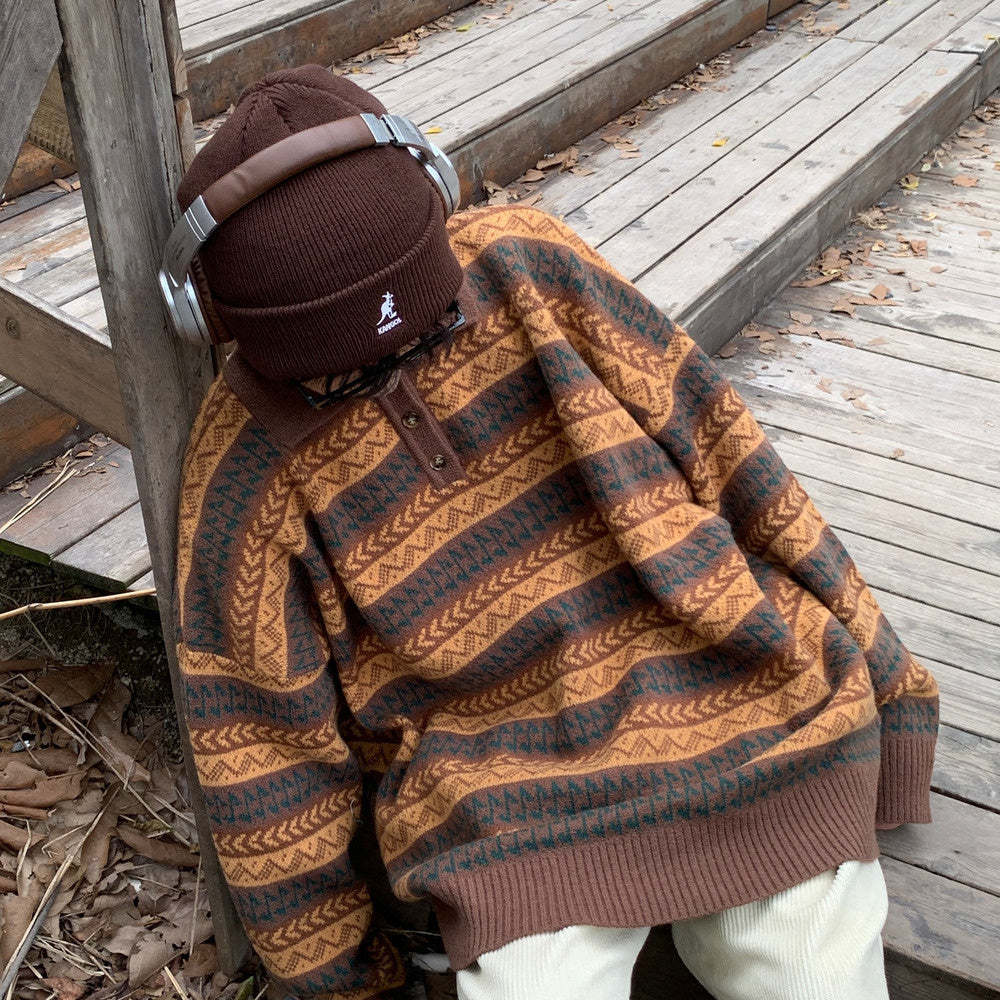 日系復古民族風翻領POLO針織衫寬鬆套頭毛衣保暖休閒上衣