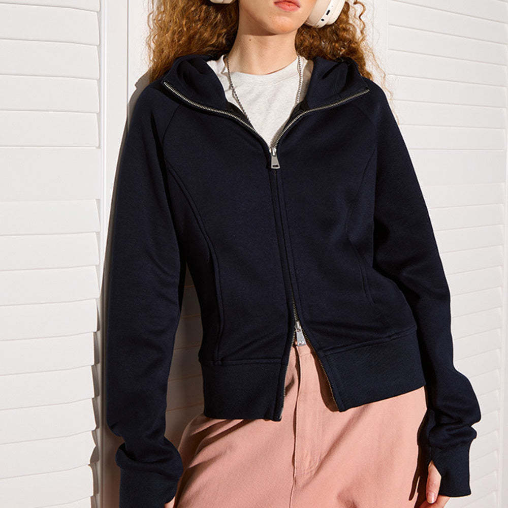 美式連帽修身開衫衛衣女春秋短款雙拉鍊顯瘦辣妹外套