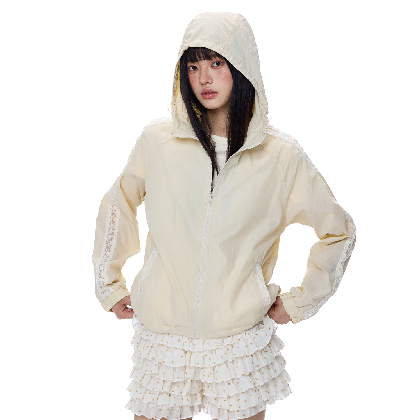 蕾絲拼接UPF50+米色防曬衣女2025年夏季新款戶外連帽防曬服