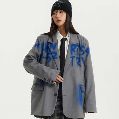 美式復古潮牌字母塗鴉西裝外套女設計感百搭學院風夾克