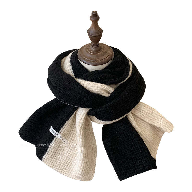 含羊毛拼色圍巾女冬季復古深灰色保暖加厚針織毛線高級感圍脖