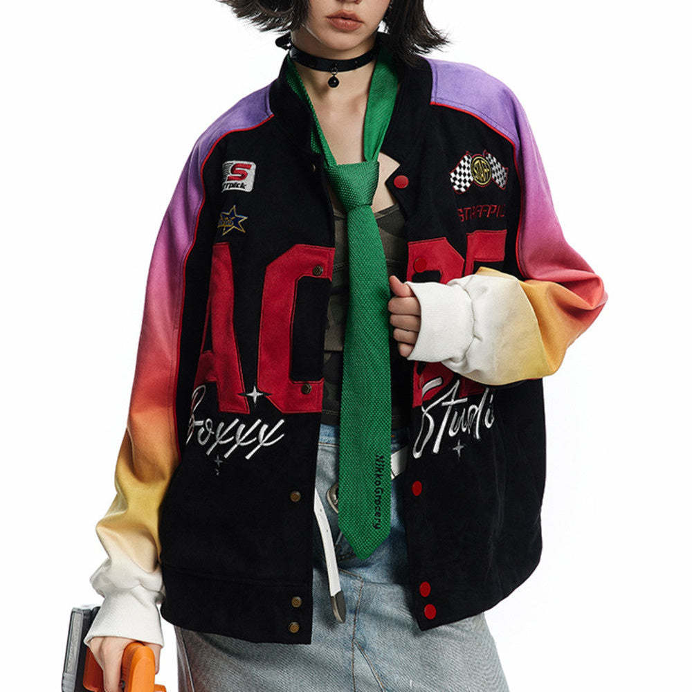 霓虹光影麂皮絨棒球服外套女寬鬆百搭賽車服夾克