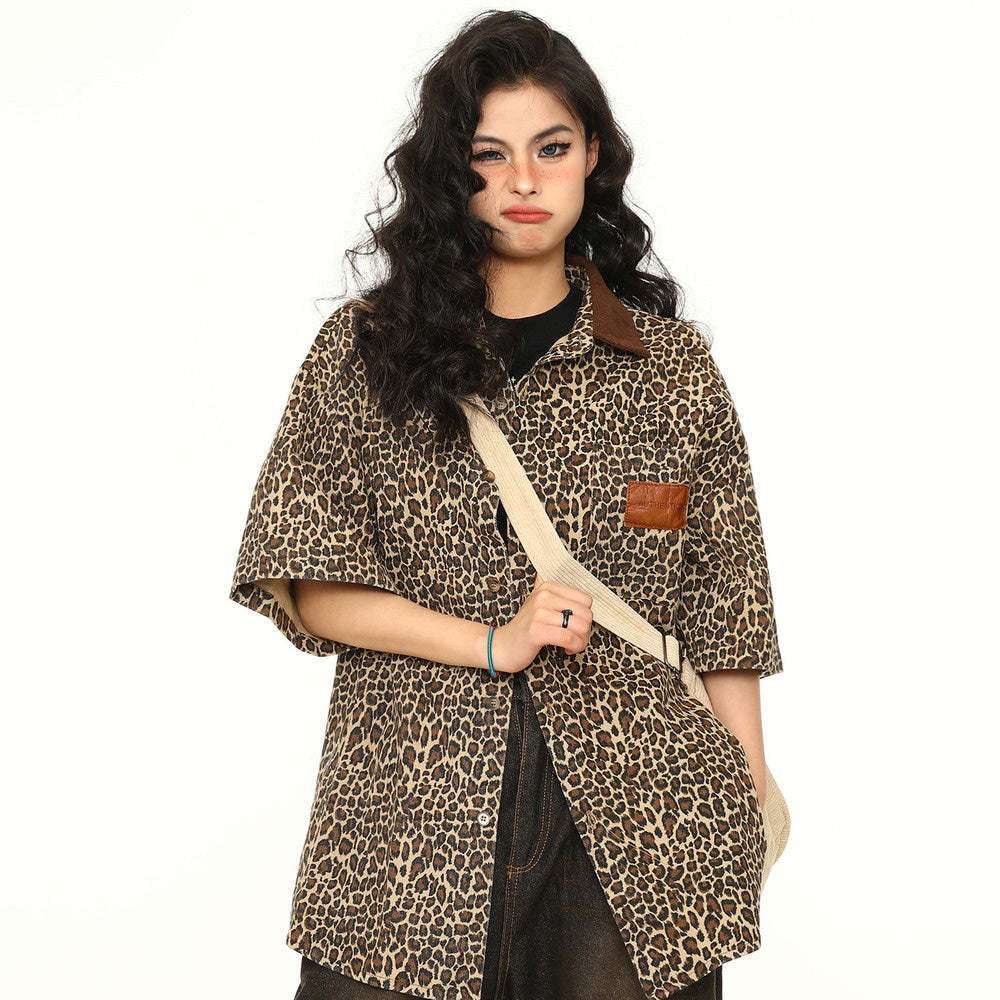 美式豹紋Polo領牛仔短袖女潮牌炸街外套