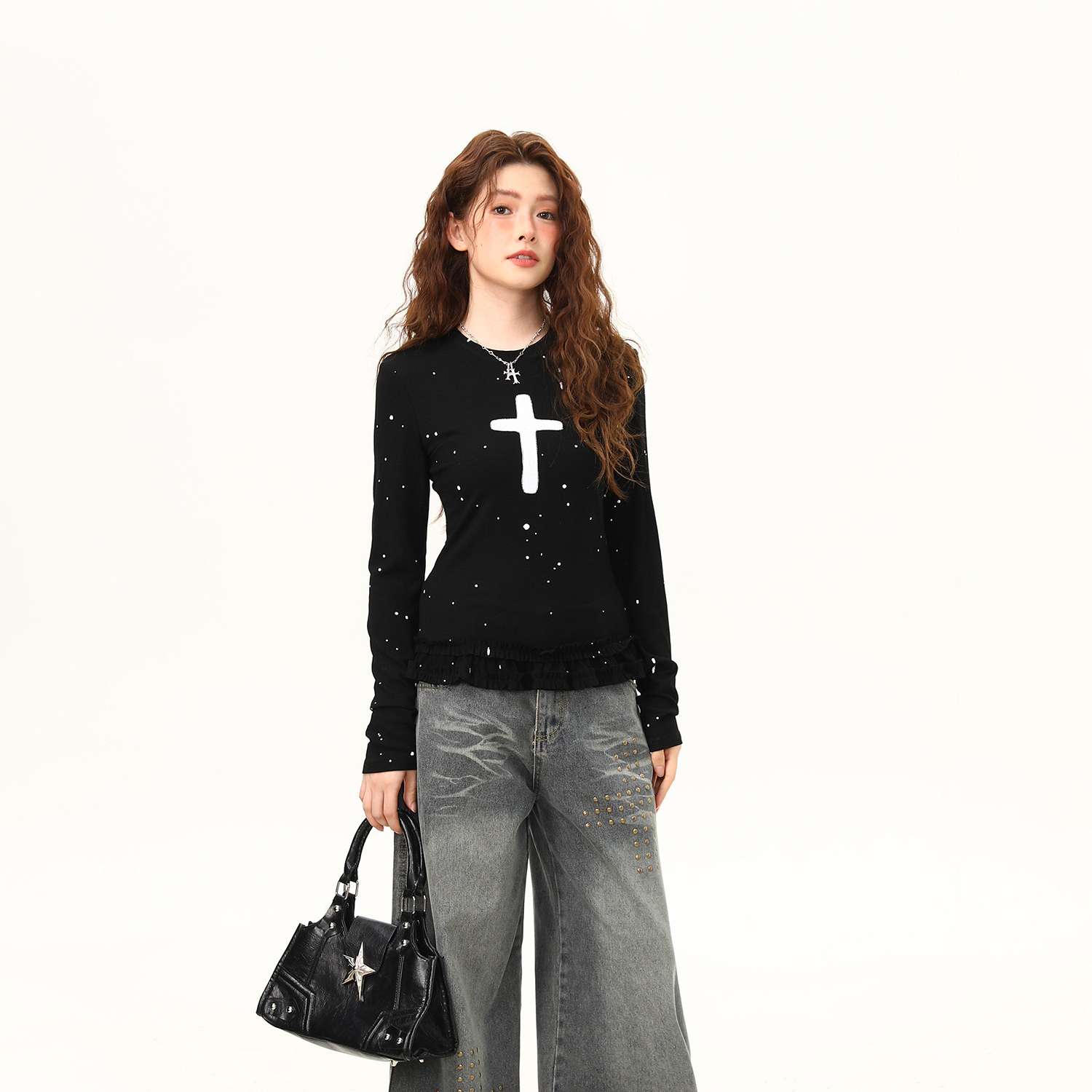 黑色波點內搭打底衫女春季超好看花邊下擺修身長袖T恤女