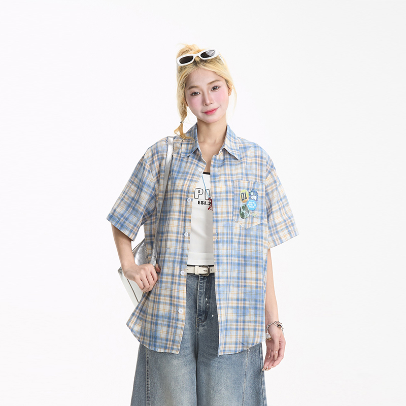 夏季藍色格子短袖襯衫女美式潮牌寬鬆百搭休閒襯衣