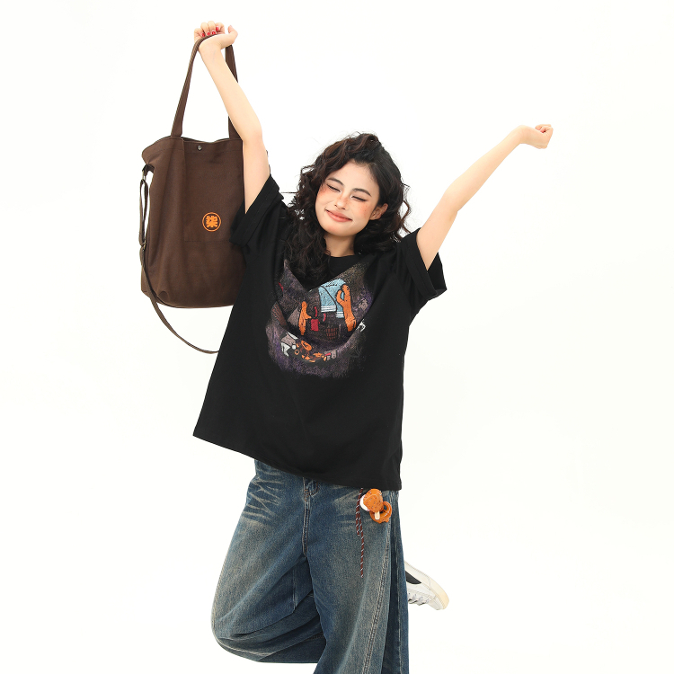 短袖T恤女美式復古卡通印花寬鬆百搭休閒圓領上衣