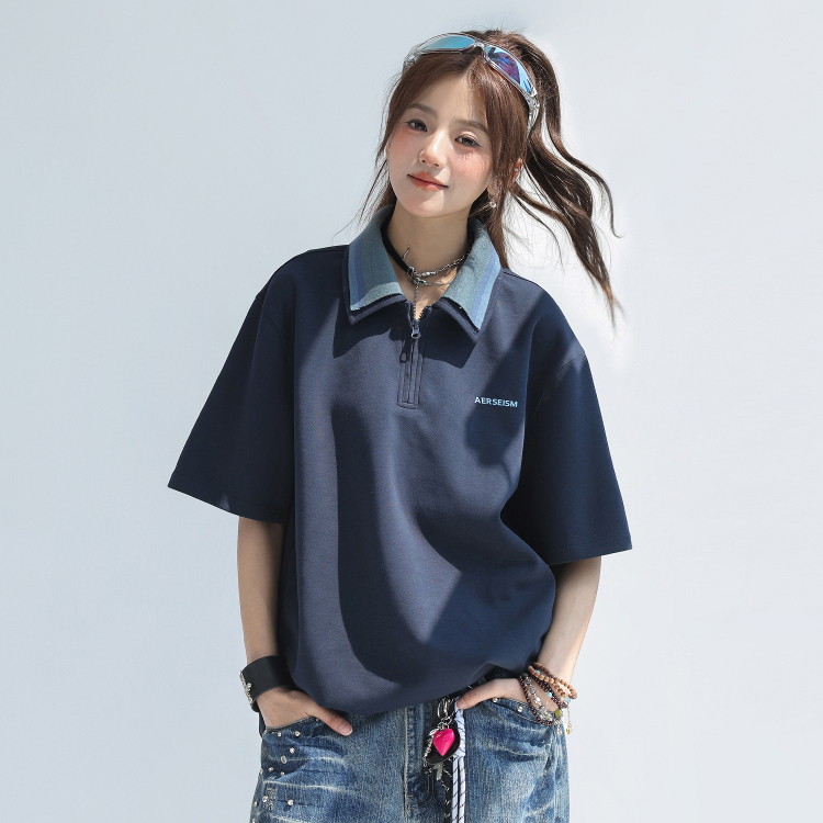 美式復古撞色拼接polo衫短袖t恤女2025新款寬鬆上衣