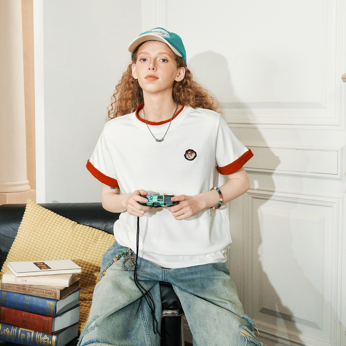 美式復古翻邊假兩件短袖T恤夏季重磅寬鬆休閒百搭半袖