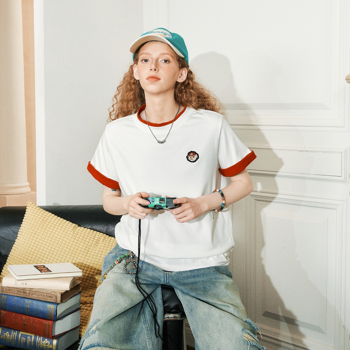 美式復古翻邊假兩件短袖T恤夏季重磅寬鬆休閒百搭半袖