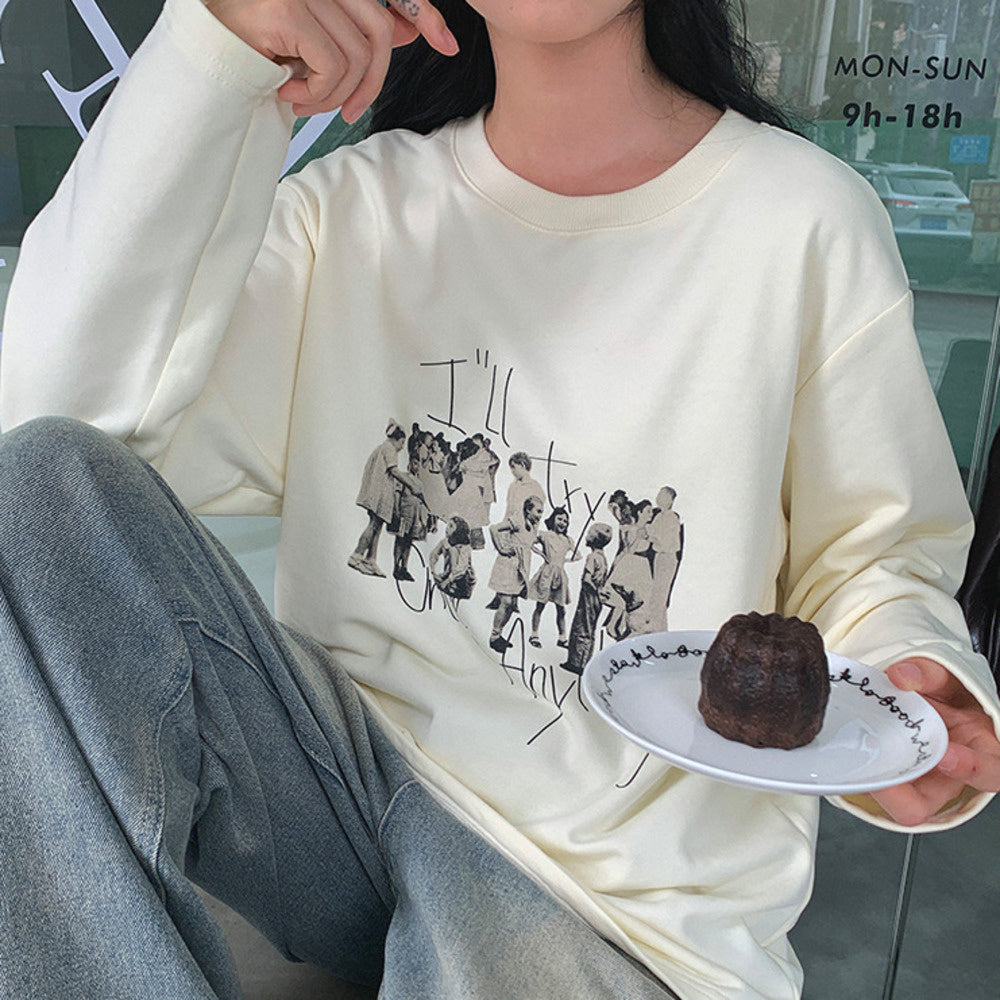 日系復古印花繡花寬鬆長袖t恤女秋新款寬鬆顯瘦純棉上衣