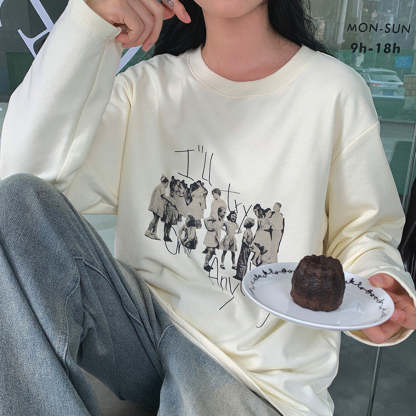 日系復古印花繡花寬鬆長袖t恤女秋新款寬鬆顯瘦純棉上衣