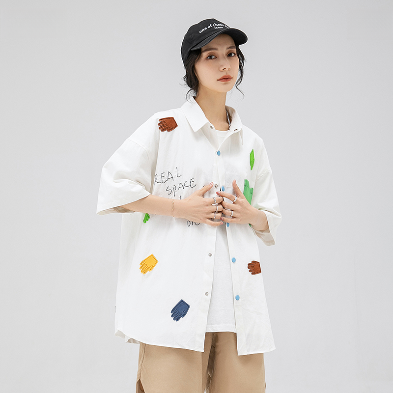Hold Colour美式潮牌字母刺绣手掌贴布短袖衬衫男女ins潮流bf衬衣