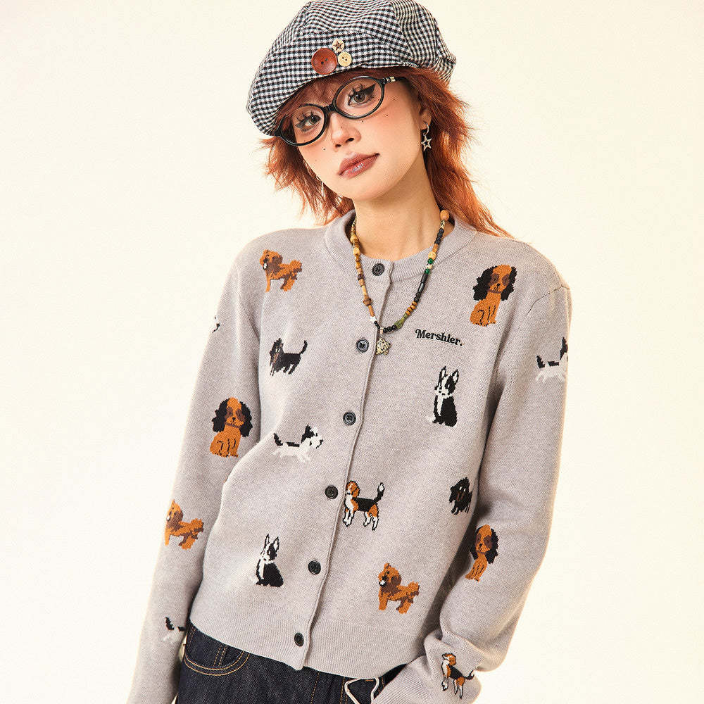 美式復古灰色小狗開衫毛衣女秋冬慵懶風顯瘦針織衫短款外套