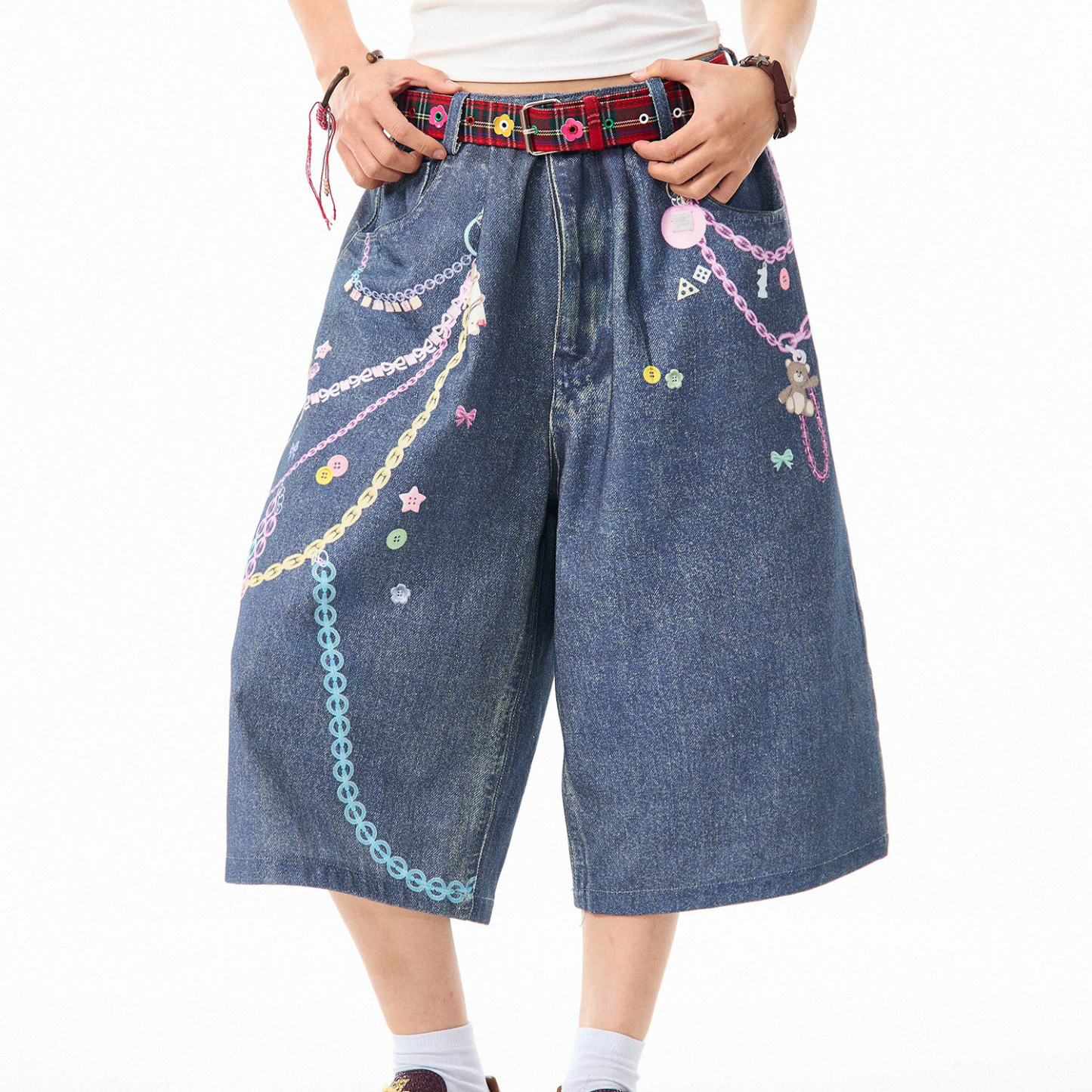 復古趣味印花3D彩色鏈條七分牛仔褲女美式休閒百搭短褲