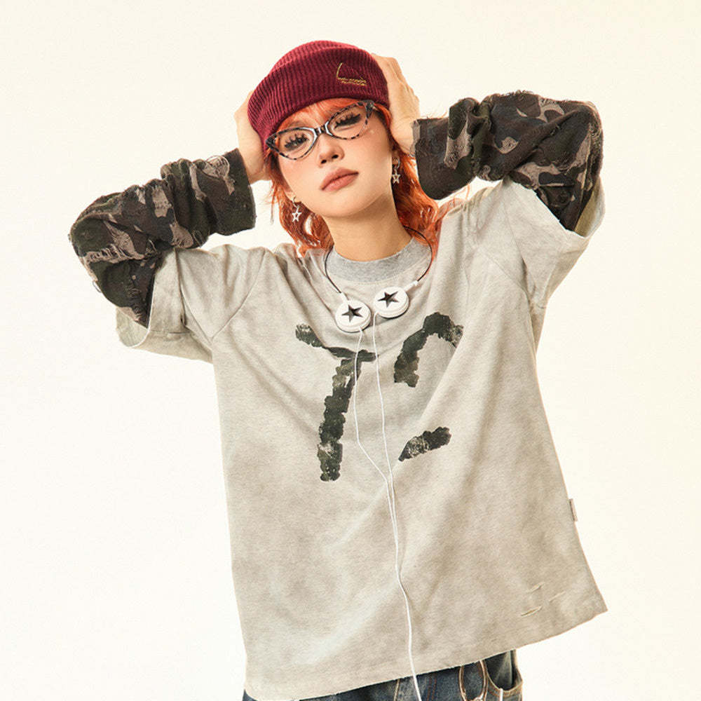 美式復古做舊迷彩假兩件長袖T恤女vintage設計感早秋上衣