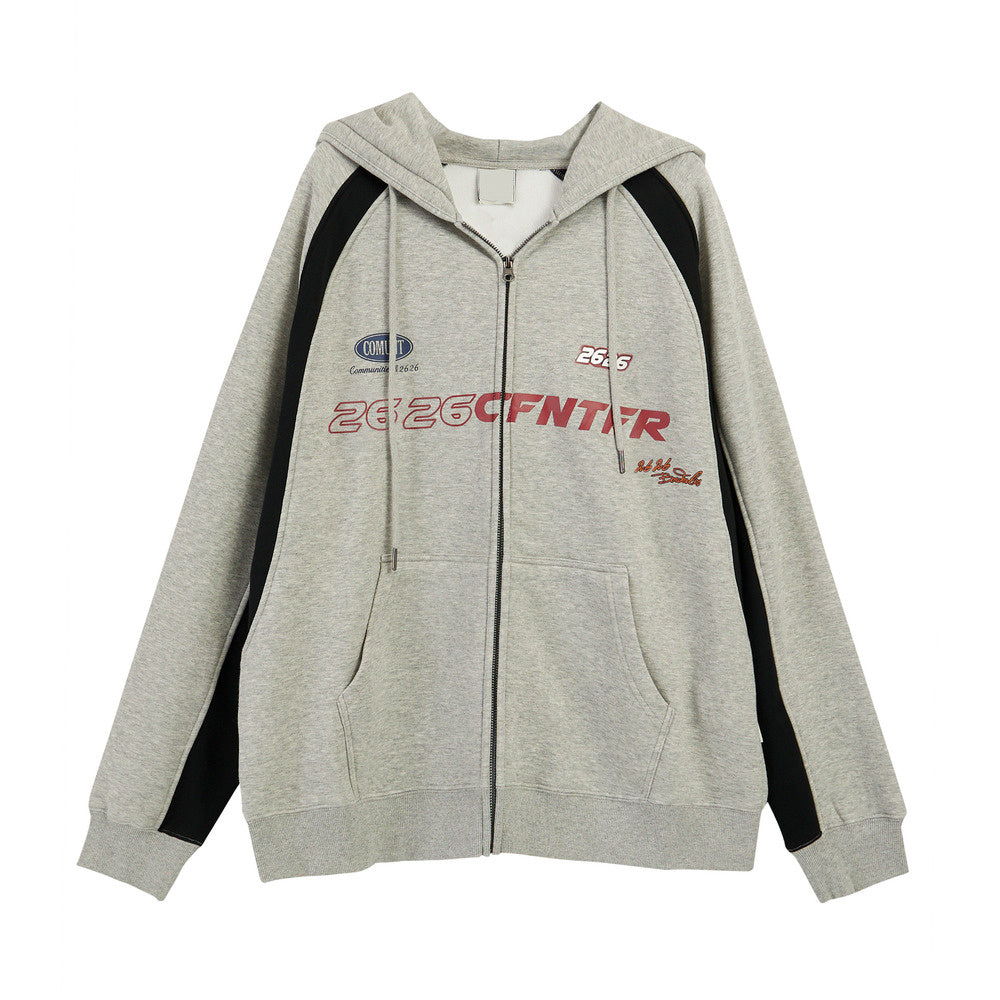 美式灰色拉鍊連帽衛衣外套女秋冬寬鬆慵懶風加絨加厚開衫