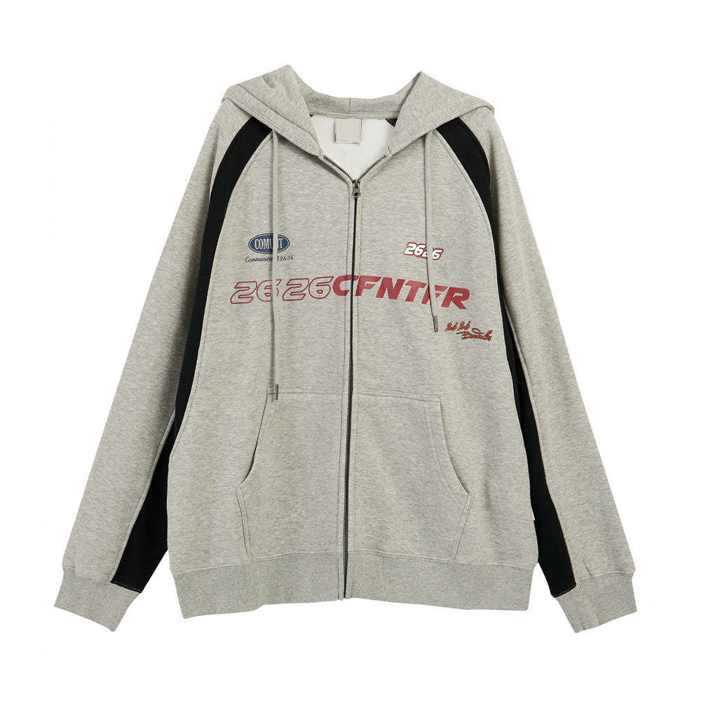 美式灰色拉鍊連帽衛衣外套女秋冬寬鬆慵懶風加絨加厚開衫