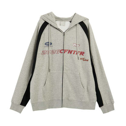 美式灰色拉鍊連帽衛衣外套女秋冬寬鬆慵懶風加絨加厚開衫