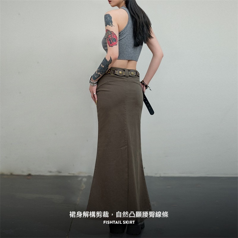 馬登女裝 復古中腰A字顯瘦包臀裙氣質修身長款魚尾裙百搭半身裙夏季女