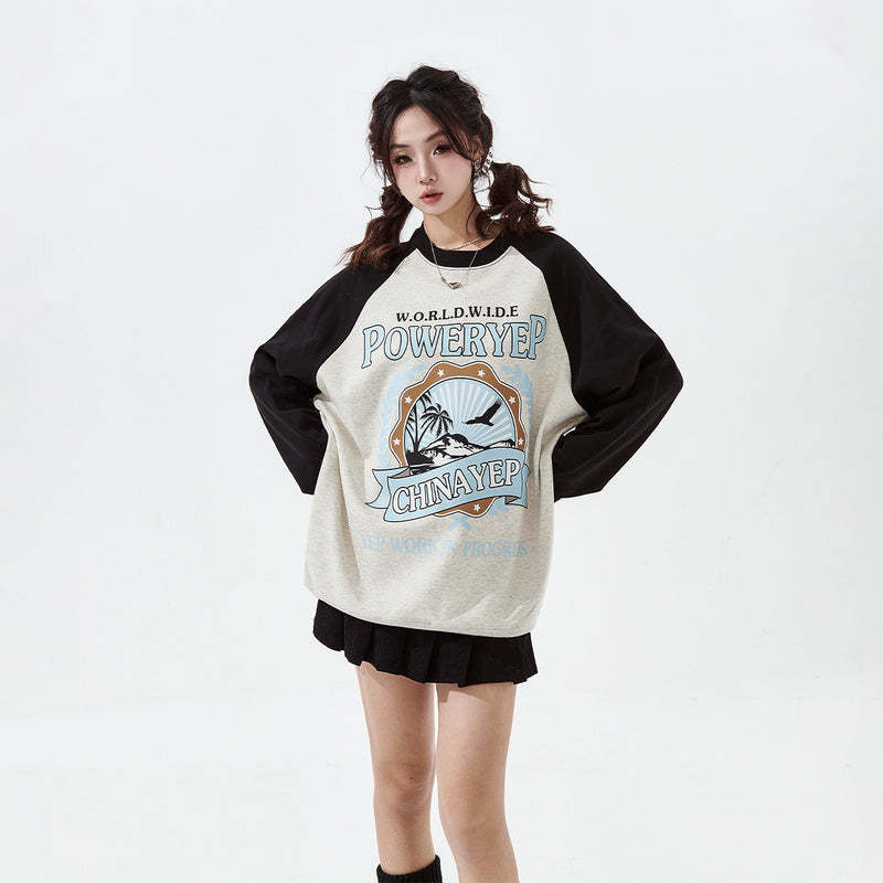 拼接插肩袖卡通印花衛衣女秋新款復古寬鬆無帽上衣