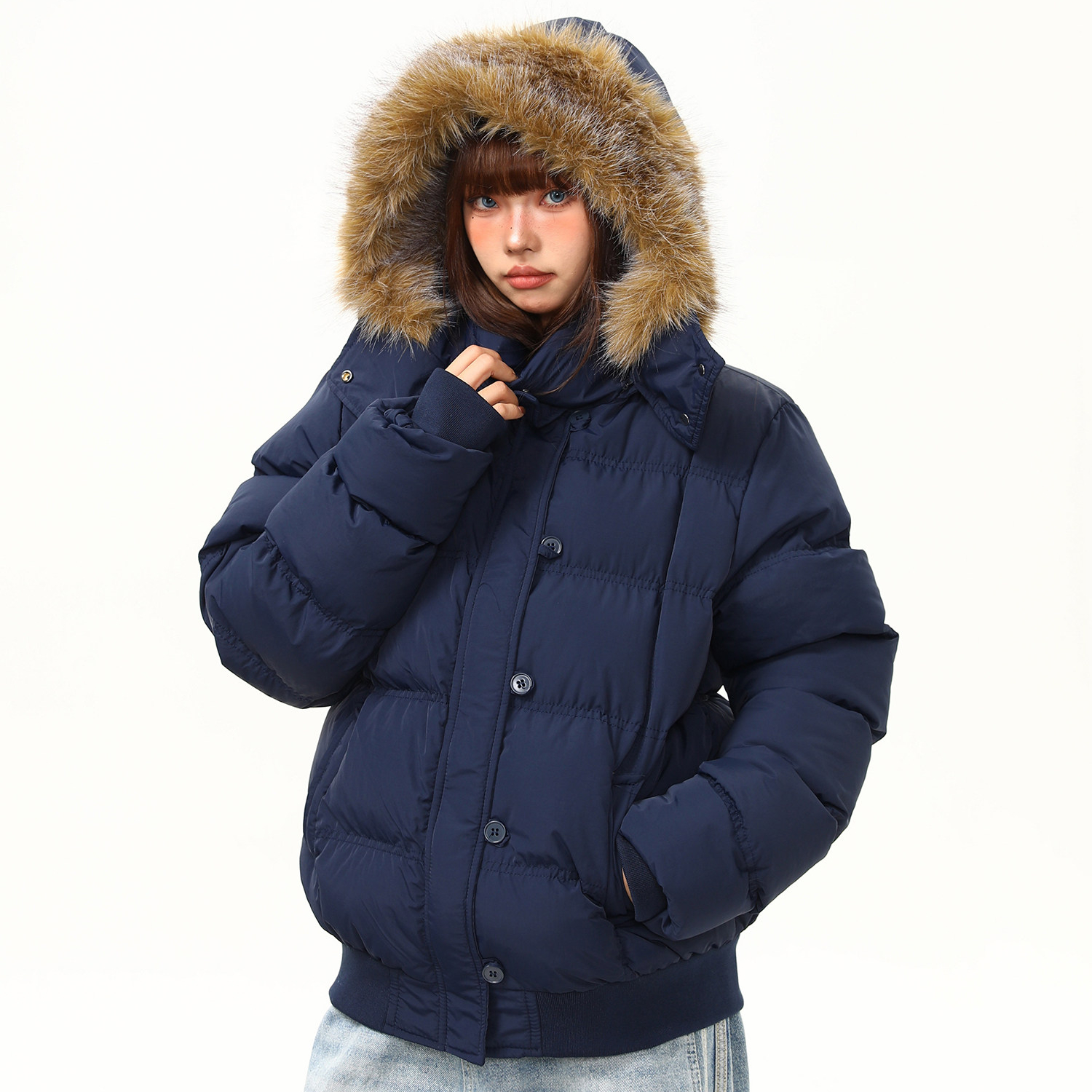 菲奧娜短款藏青色棉服外套女冬季新款加厚保暖棉衣棉襖