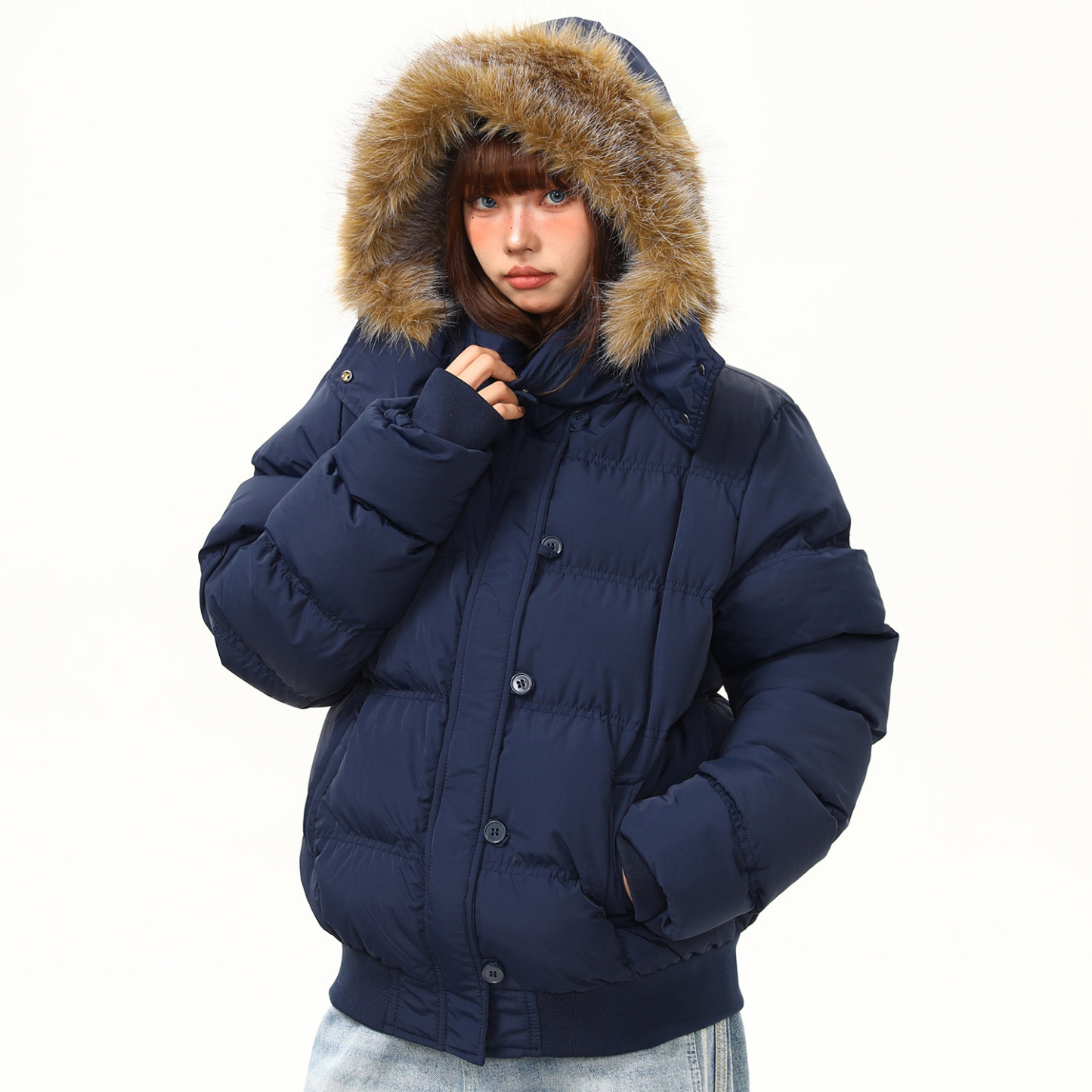 菲奧娜短款藏青色棉服外套女冬季新款加厚保暖棉衣棉襖