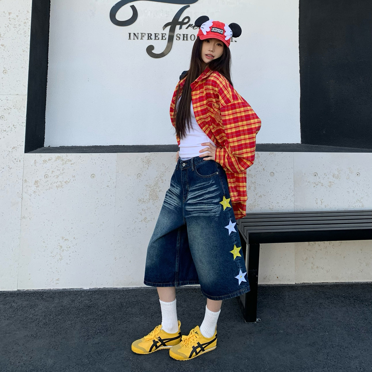 美式復古星星刺繡水洗牛仔七分褲女夏季寬鬆百搭短褲子