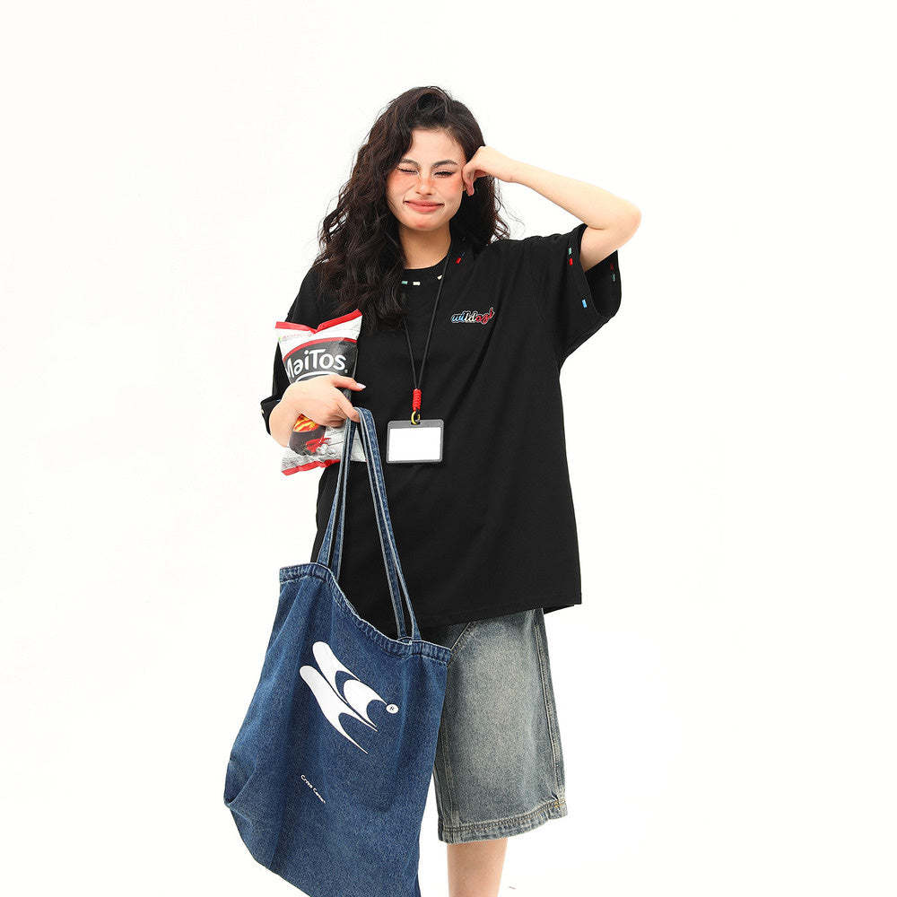 美式復古國風彩虹刺繡夏季凉感短袖T恤女寬鬆百搭