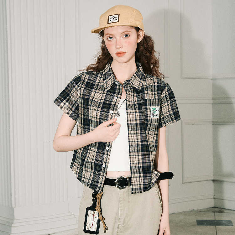 美式短款純棉短袖襯衫女夏新款顯瘦格子半袖襯衫外套