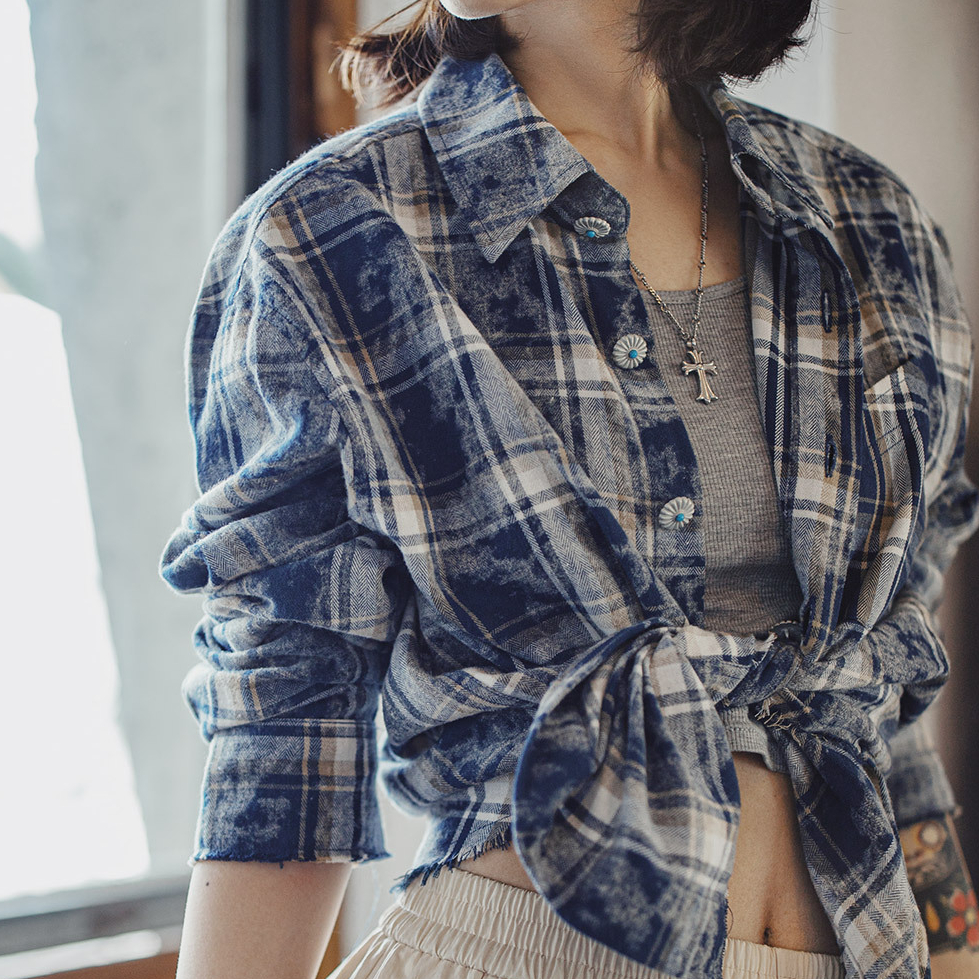 美式復古藏青色格子紋翻領寬鬆磨毛長袖休閒襯衫上衣外套女秋