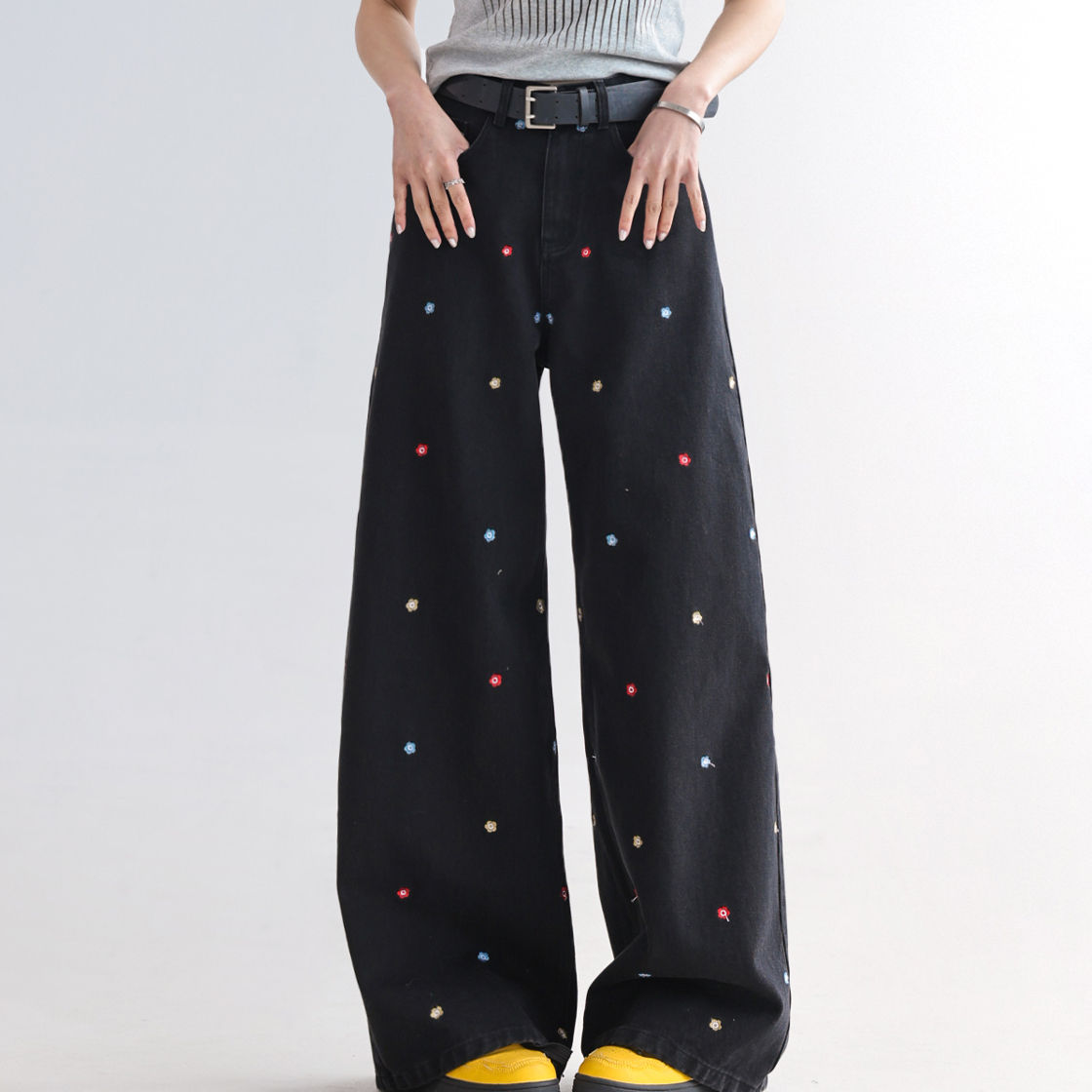 彩色小碎花刺繡牛仔褲女闊腿褲寬鬆慵懶風直筒褲