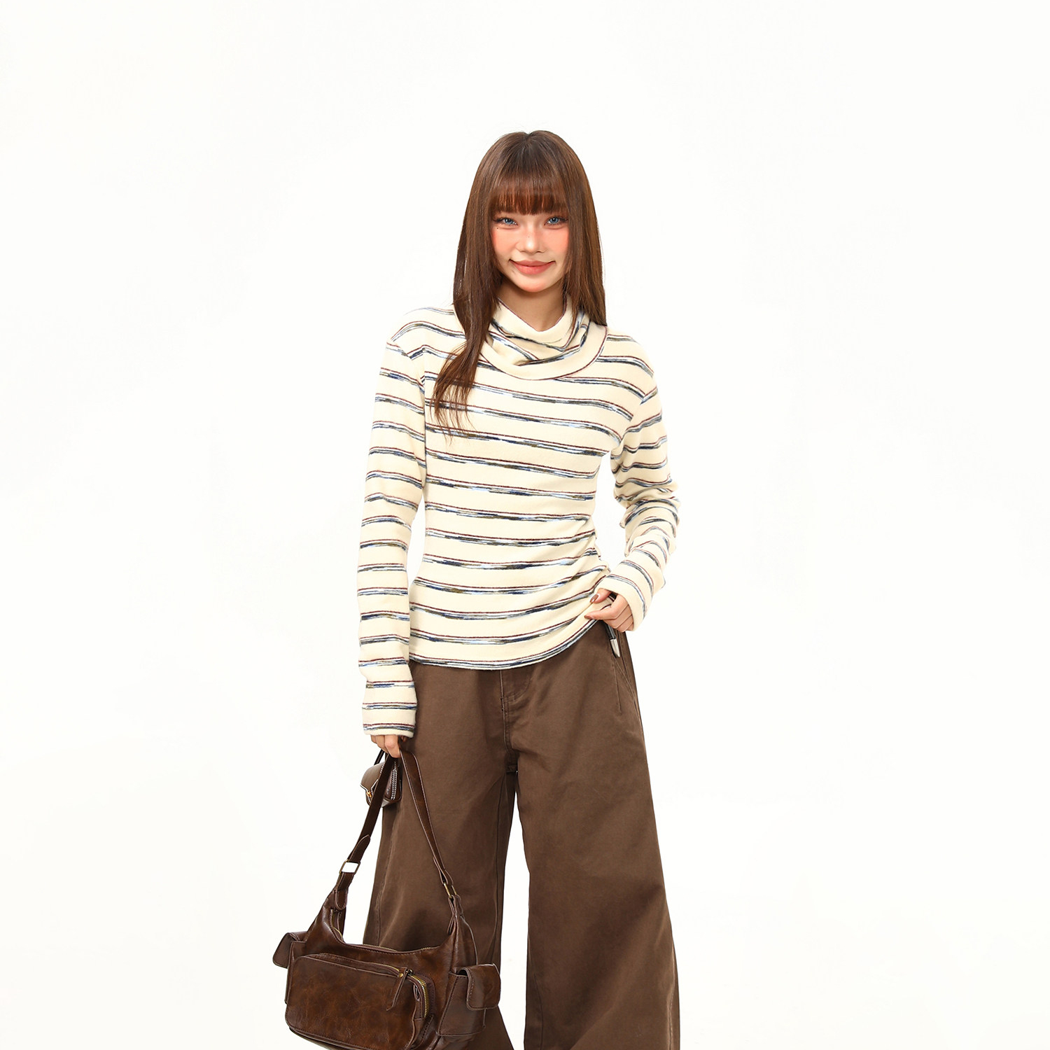 秋冬條紋打底衫女軟糯修身長袖T恤女緊身內搭氛圍感高領