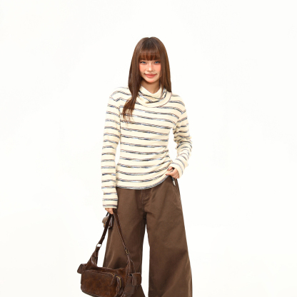 秋冬條紋打底衫女軟糯修身長袖T恤女緊身內搭氛圍感高領