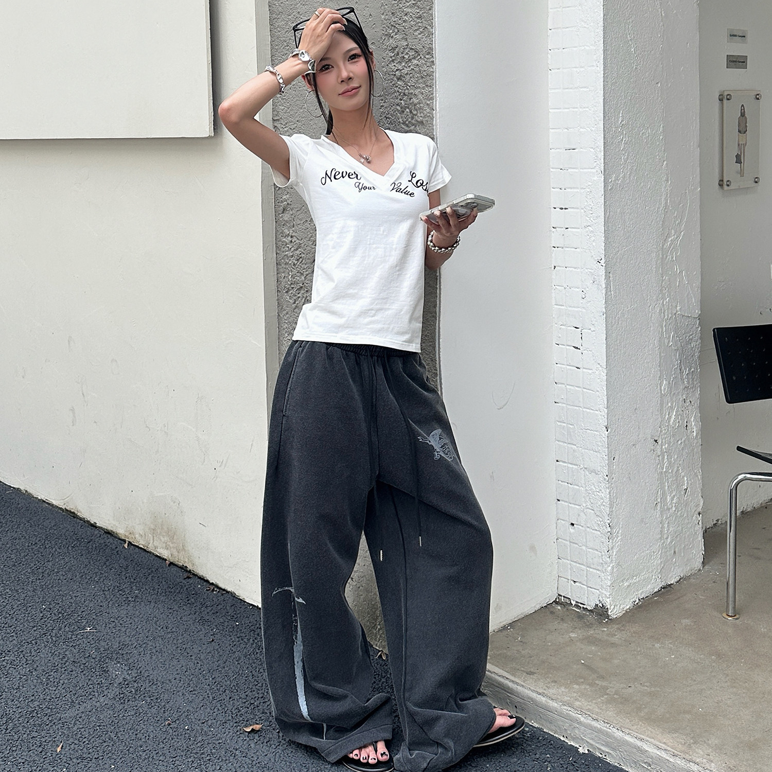 美式復古水洗做舊寬鬆闊腿衛褲女夏季潮流痞帥直筒褲子
