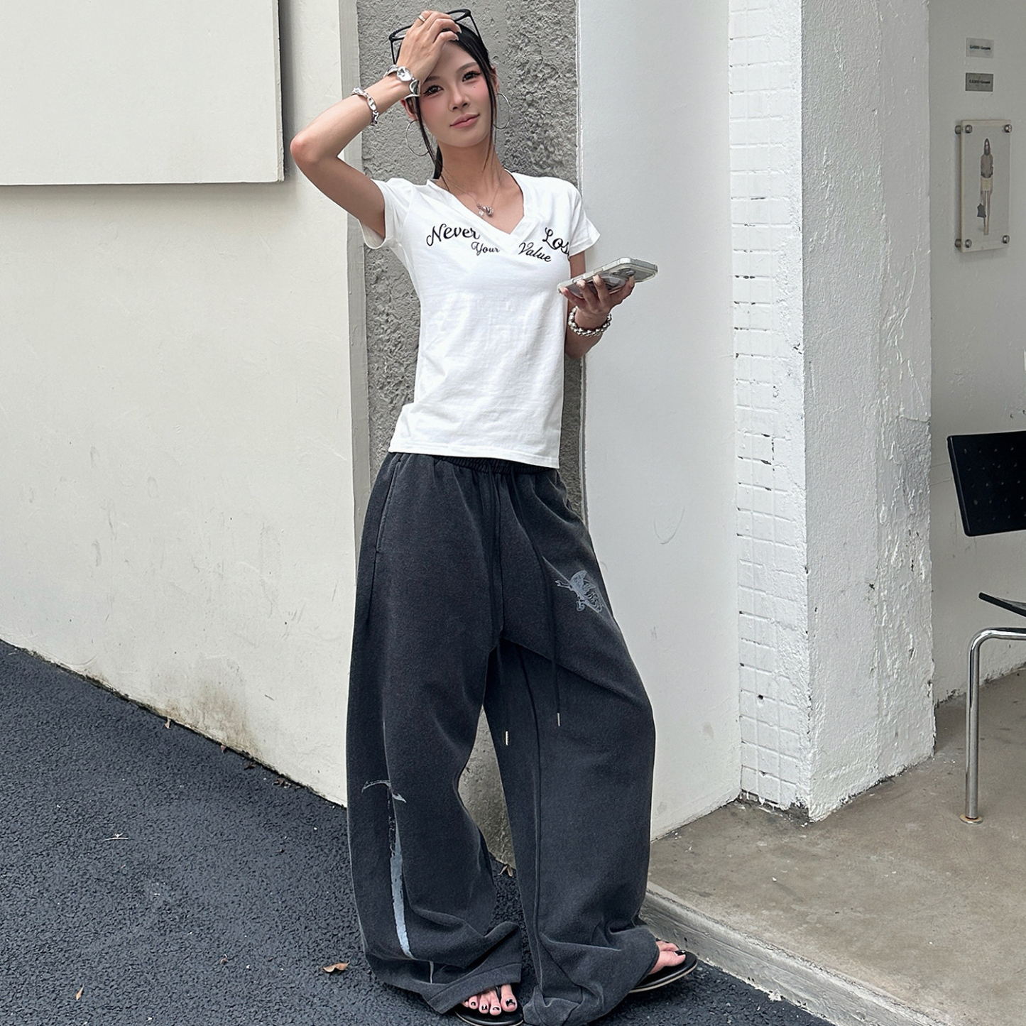 美式復古水洗做舊寬鬆闊腿衛褲女夏季潮流痞帥直筒褲子